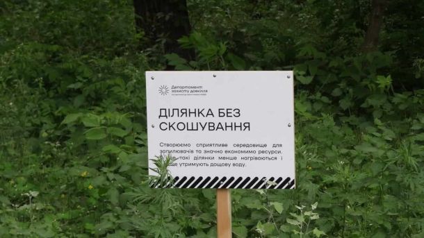 Табличка «Ділянка без скошування» Департаменту захисту довкілля КМДА серед високої трави в зеленій зоні Києва