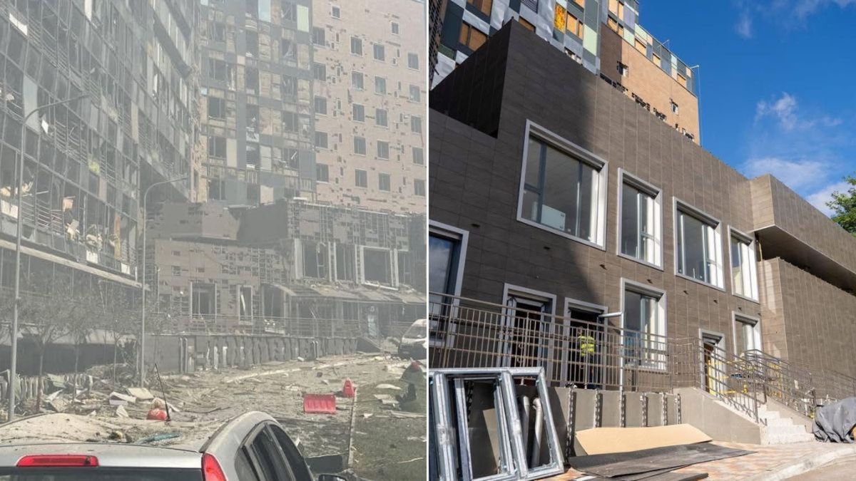 В «Охматдиті» замінили понад 200 вікон і ремонтують три корпуси після руйнувань (фото) Ліворуч зруйнований фасад після пошкоджень, праворуч відремонтований сучасний вигляд
