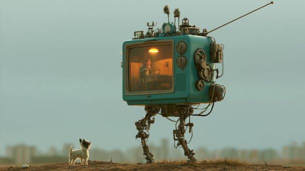 Ретротелевізор на роботичних ногах, на екрані самотня людина за столом, поруч маленький песик