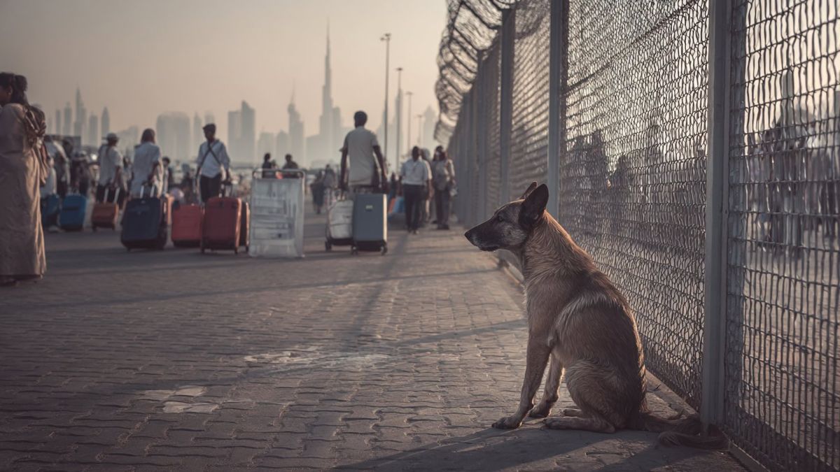 Собака сидить біля паркану та дивиться на людей з валізами, що евакуюються з Дубаю після ракетних ударів Ірану