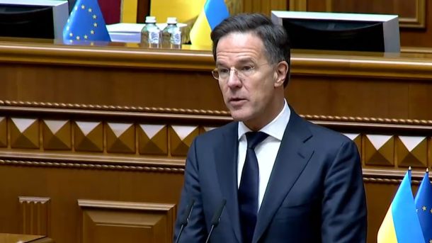 Очільник НАТО Марк Рютте виступає у Верховній Раді України.Київ, 3 лютого 2025 року