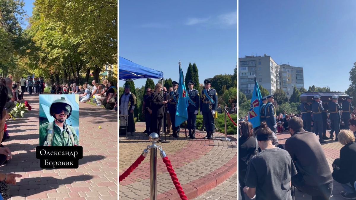 Прощання з українським льотчиком Олександром Боровиком: люди з квітами проводжають труну