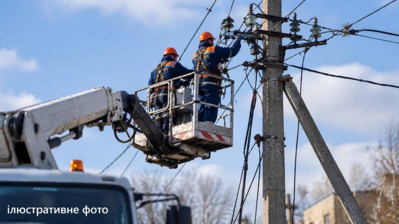 Ілюстративне фото: двоє енергетиків у синіх комбінезонах на платформі автовишки ремонтують проводи на бетонній опорі лінії електропередачі