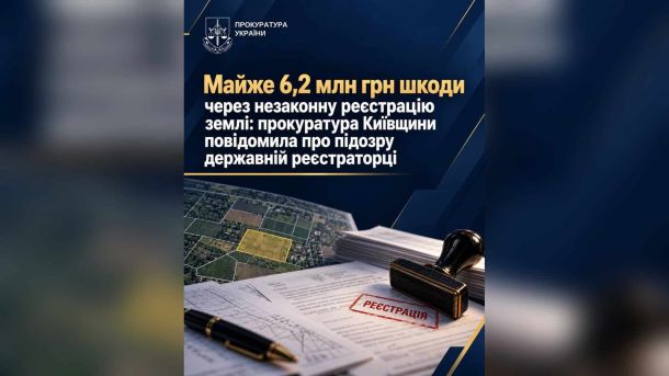 Пожежа у Святошинському р-ні — горіли два вантажні авто на Жмеринській Графічна картка прокуратури із зображенням земельних ділянок, документів і печатки «Реєстрація» та написом про 6,2 млн грн шкоди