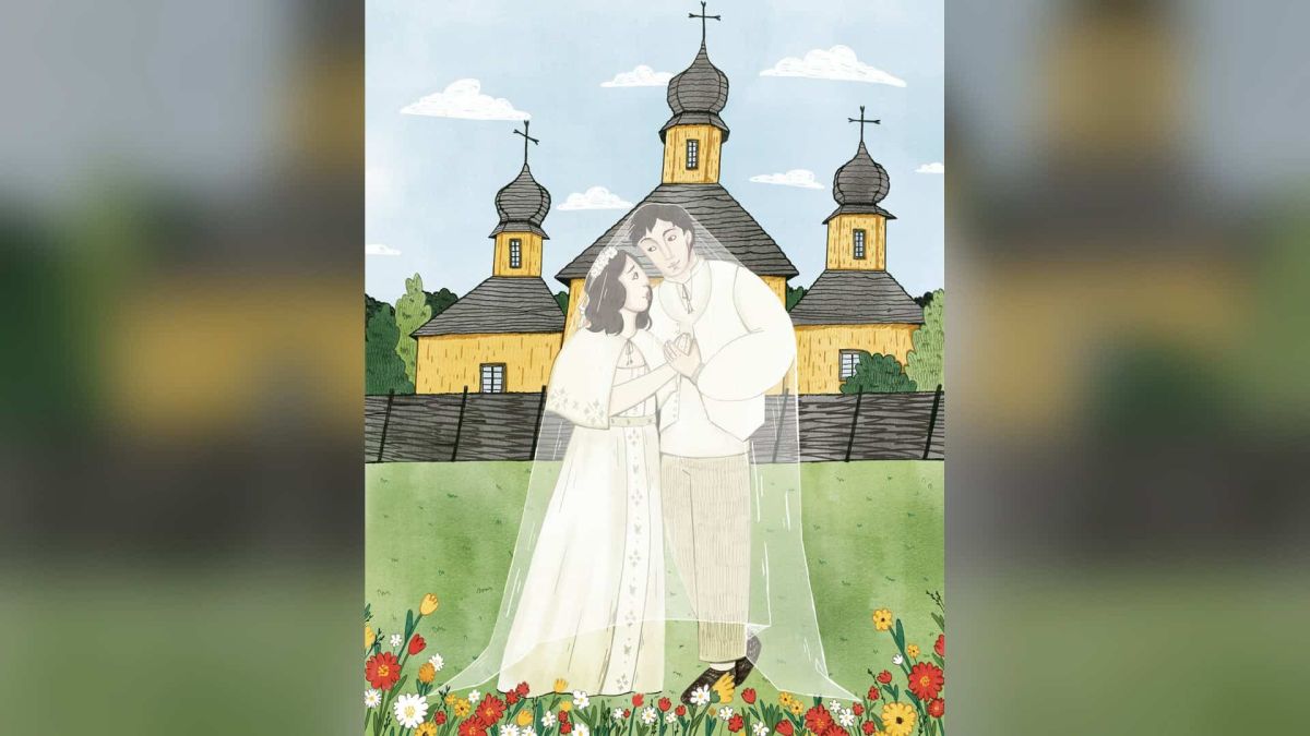 «Витоки»: 90% українців досі проводять весільний обряд Ілюстрація весільного вінчання біля дерев’яної церкви — з мініпутівника «Витоків» про українські весільні традиції