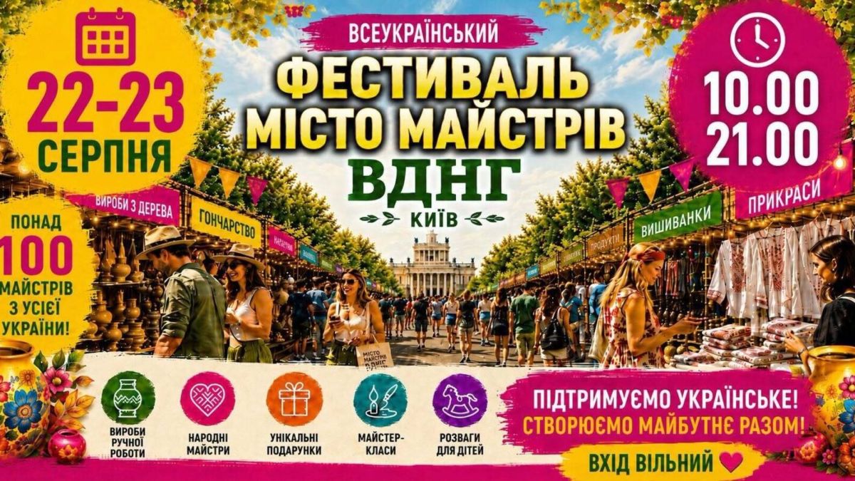 Афіша фестивалю «Місто Майстрів» на ВДНГ у Києві 22-23 серпня — понад 100 майстрів з усієї України, ярмарок ремесел і вхід вільний.