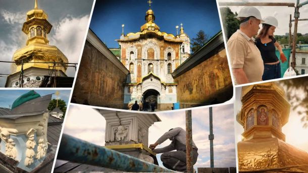 Троїцька надбрамна церква Лаври: як її рятують від руйнування Колаж: реставрація Троїцької надбрамної церкви Лаври — позолочені бані, розписи фасадів і реставратори на риштуванні
