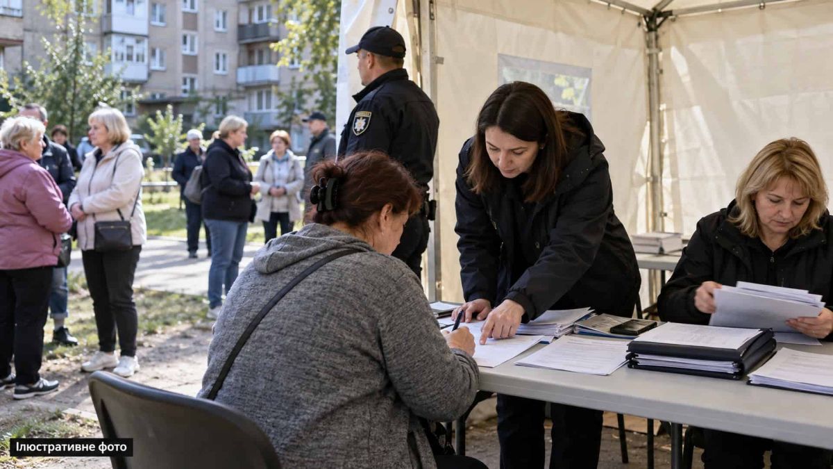Штаб допомоги постраждалим від атаки 27 вересня — у Солом’янському р-ні Соціальна працівниця допомагає жінці заповнити заяву на компенсацію в наметі штабу допомоги, позаду черга мешканців і поліцейський