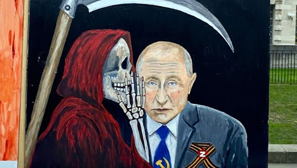 Карикатура на акції в Лондоні з вимогою до РФ припинити війну проти України