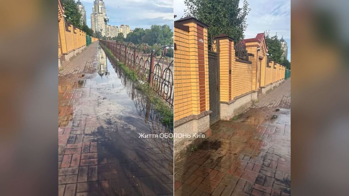 З-під котеджу на Оболонській набережній вода затоплює пішохідну зону Вода з-під котеджу затоплює пішохідну зону вздовж Оболонської набережної у Києві