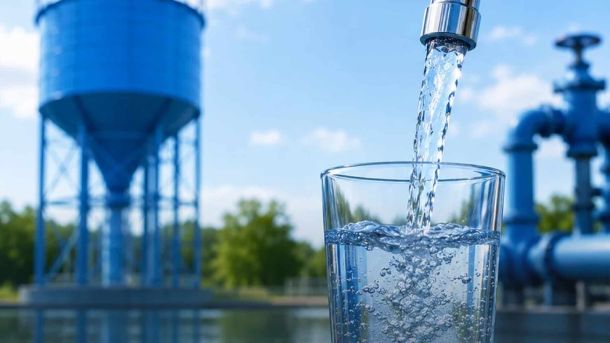 Склянка чистої питної води на фоні водонапірної башти та водопроводу — контроль якості водопостачання в Україні