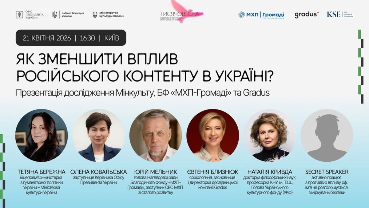 Анонс презентації дослідження медіаспоживання від Мінкульту фонду МХП-Громаді та Gradus у Києві 21 квітня 2026 року у межах програми Тисячовесна