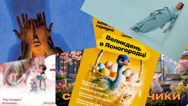 Колаж афіш подій у Києві 11–12 квітня 2026: кріо-шоу, вистава «Макбет», квест «Сонячні зайчики», Великдень у Ясногородці та моновистава Кравець
