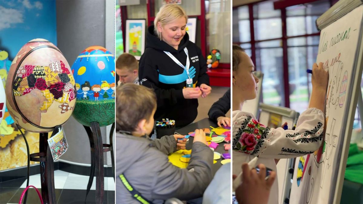 Діти розписують писанки на передвеликодньому фестивалі у Солом'янській РДА у Києві 8 квітня 2026 року