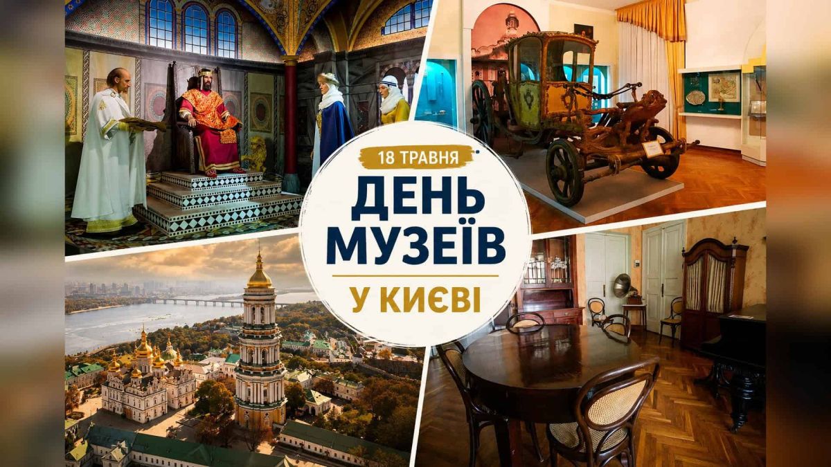 Колаж: Києво-Печерська Лавра, карета в музеї, інтер'єр музейної зали та зала з антикварними меблями — День музеїв у Києві 18 травня