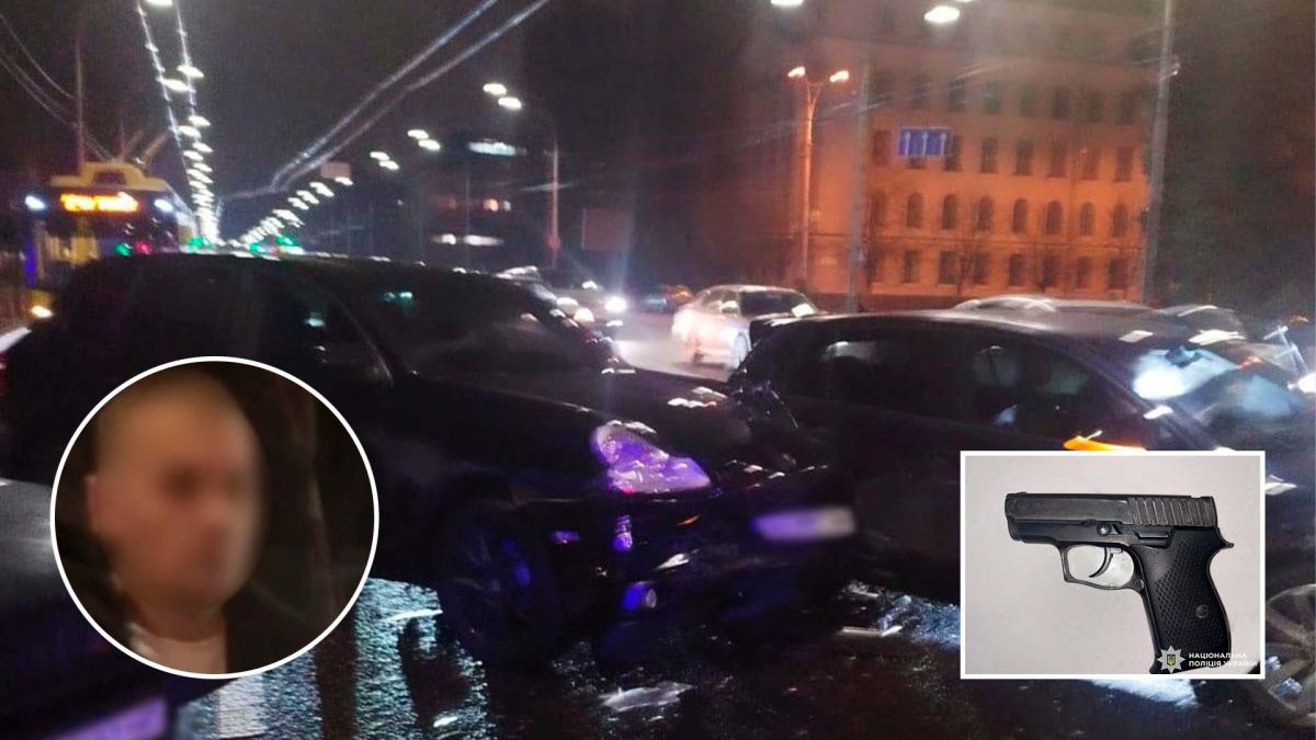 Водію Porsche, який стріляв після ДТП на Соломянці, загрожує 7 років за ґратами Підозрюваний і вилучений у нього пістолет (фотоколаж)
