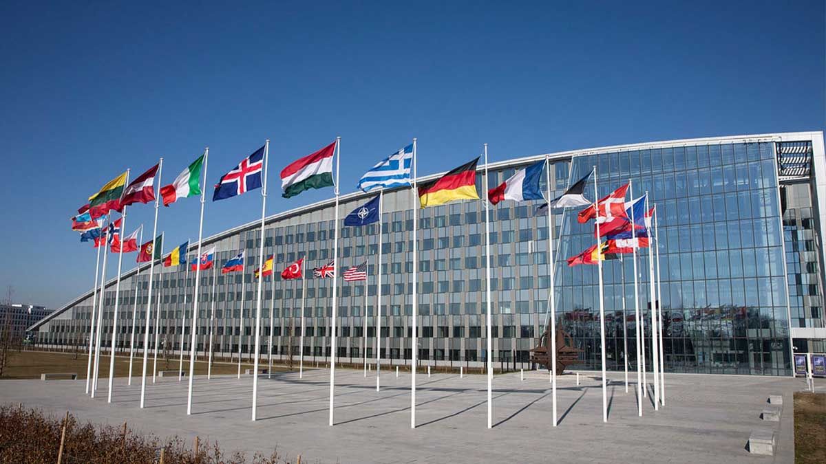 Flags of NATO's new headquarters in Brussels, Belgium.