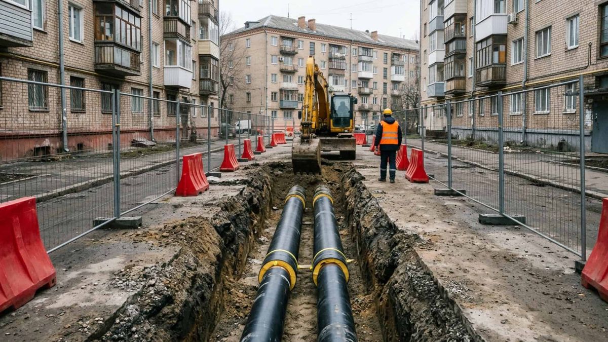 «Київтеплоенерго» усунуло 2 413 з 2 451 пошкодження при випробуваннях Дві великі труби теплотраси в розкопаній траншеї між житловими будинками