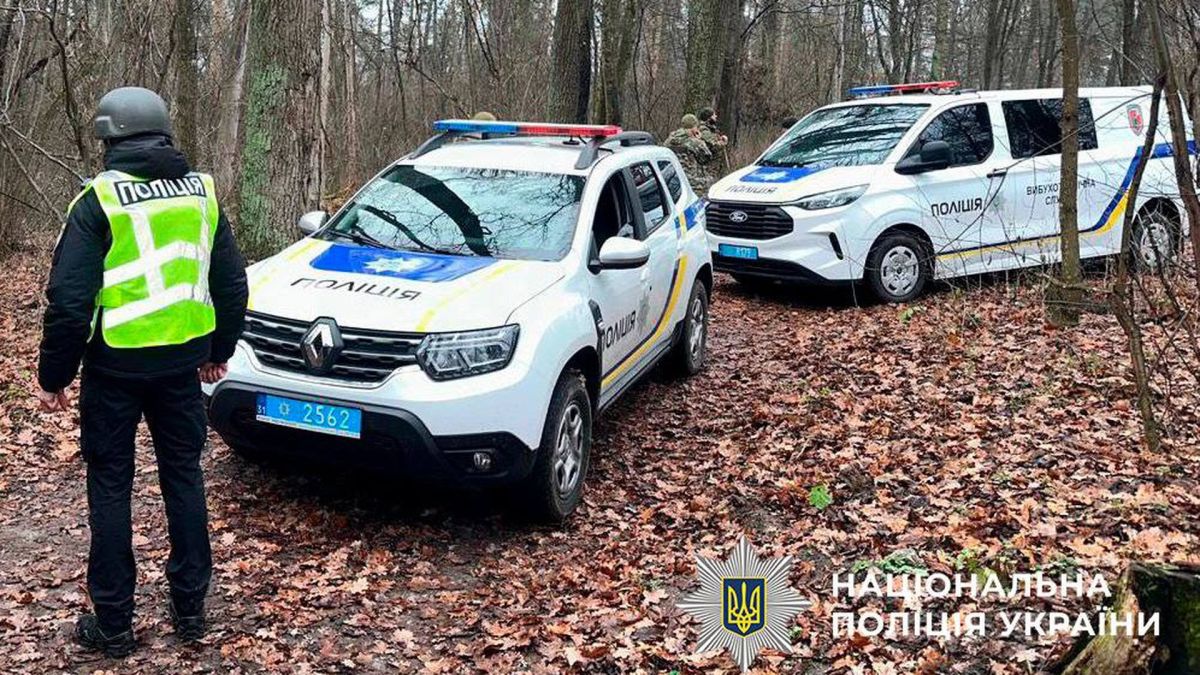 Поліцейський стоїть біля двох поліцейських машин у лісі