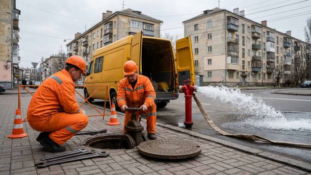 Робітники водоканалу біля відкритого люка, з гідранта витікає вода