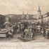 Історична гравюра Гостиного двору в Києві з торговельними рядами, людьми та церковними банями на фоні