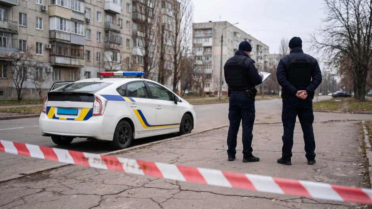Попередньо: влучання в адмінбудівлю у Голосіївському р-ні Києва Патрульний автомобіль поліції та двоє поліцейських за огороджувальною стрічкою