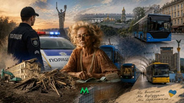 Колаж: киянка рахує гроші на тлі київського транспорту — метро, автобуса і тролейбуса