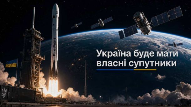 Fire Point: кодифікація балістики FP-7 затягується Ілюстрація ракети Fire Point на стартовому майданчику з супутниками на орбіті Землі — Україна розгортає власну супутникову мережу для зменшення залежності від США та Starlink