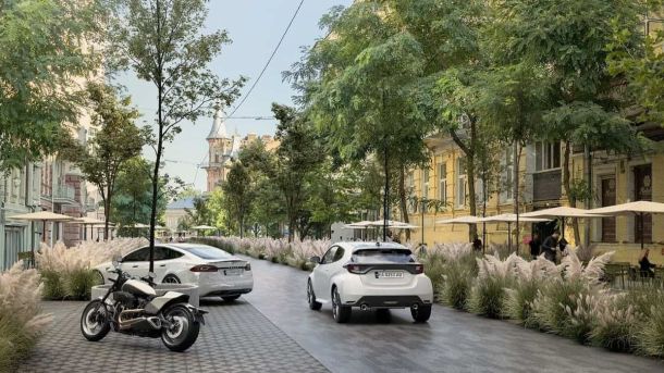 Візуалізація зеленої міської вулиці з деревами, декоративними травами та літніми терасами кафе