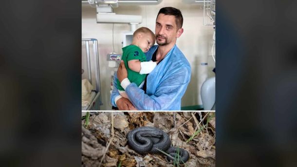 Головні новини Києва | Kyiv.News Батько тримає на руках дворічного хлопчика з перев’язаною ногою в лікарні Охматдит поруч із фото гадюки