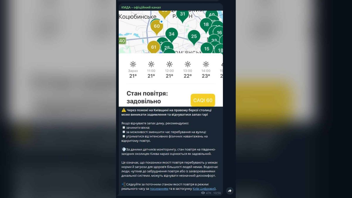 Скриншот повідомлення КМДА про можливе задимлення у Києві через пожежі на Київщині та стан повітря CAQI 60