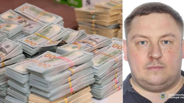 Зліва: велика кількість пачок стодоларових банкнот; Справа: крупний план обличчя чоловіка