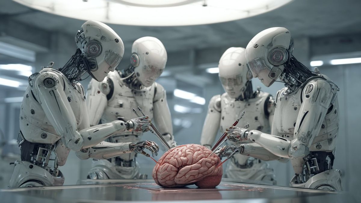 Чотири роботи-гуманоїди вивчають людський мозок на операційному столі — концепція впливу штучного інтелекту
