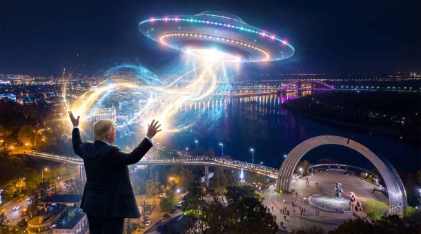 Силует Дональда Трампа на тлі нічного Києва з ілюстрацією НЛО над Дніпром та Аркою свободи українського народу