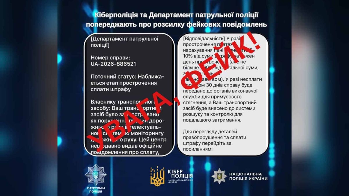 Шахраї надсилають фейкові штрафи за ПДР: Кіберполіція попереджає Інфографіка Кіберполіції та Патрульної поліції: зразок фейкового повідомлення про штраф ПДР з написом «Увага, фейк!»