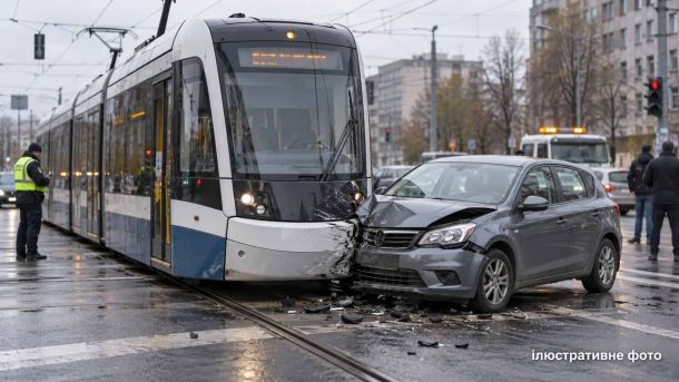 Ілюстративне фото: поліція оглядає місце ДТП трамвая з легковим автомобілем на мокрому перехресті