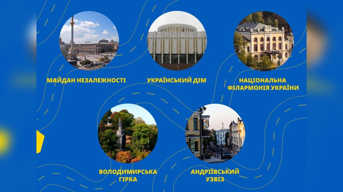 П'ять локацій культурного маршруту КМДА: Майдан Незалежності, Український дім, Національна філармонія, Володимирська гірка та Андріївський узвіз
