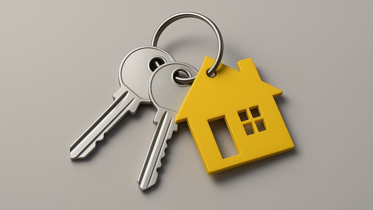 Два срібні ключі з жовтим брелоком у формі будиночка на сірому тлі