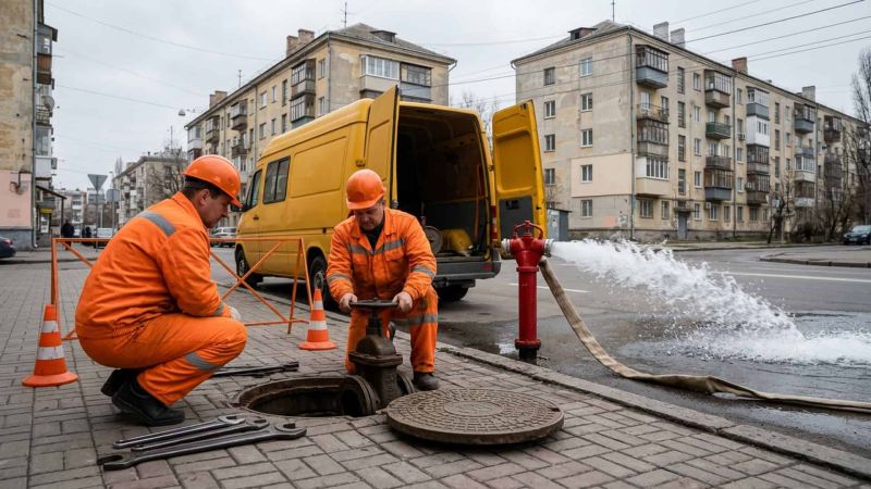 Головні новини Києва | Kyiv.News Робітники водоканалу біля відкритого люка, з гідранта витікає вода