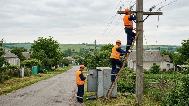 Троє енергетиків у помаранчевих жилетах ремонтують повітряну лінію електропередач