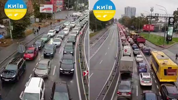 Пожежа у ЖК «Нова Англія»: врятувано 12 людей, серед них двоє дітей (оновлено) Автомобілі стоять у заторі