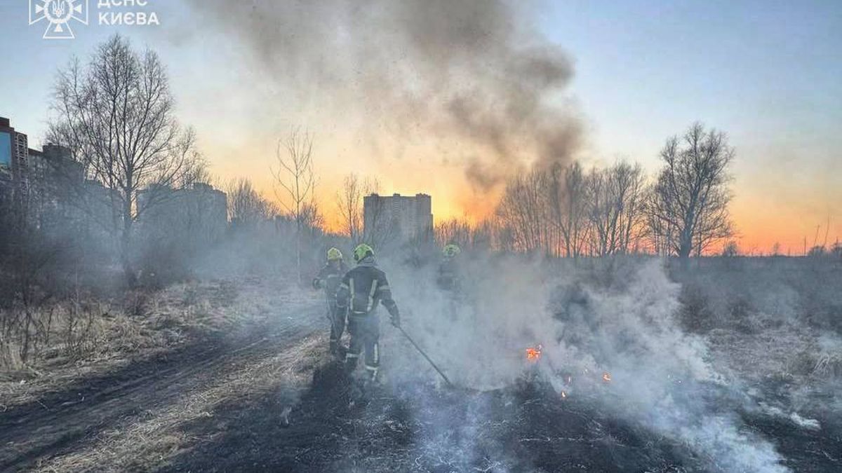 Рятувальники ДСНС Києва гасять пожежу трав'яного настилу на вул. Милославська у Деснянському районі