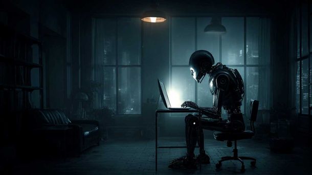 A robot sitting at a desk with a laptop.