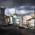 Барокова церква Миколи Притиска 1695-1707 років з зеленими куполами на вулиці Хорива, 5-а на Подолі в Києві на тлі хмарного неба