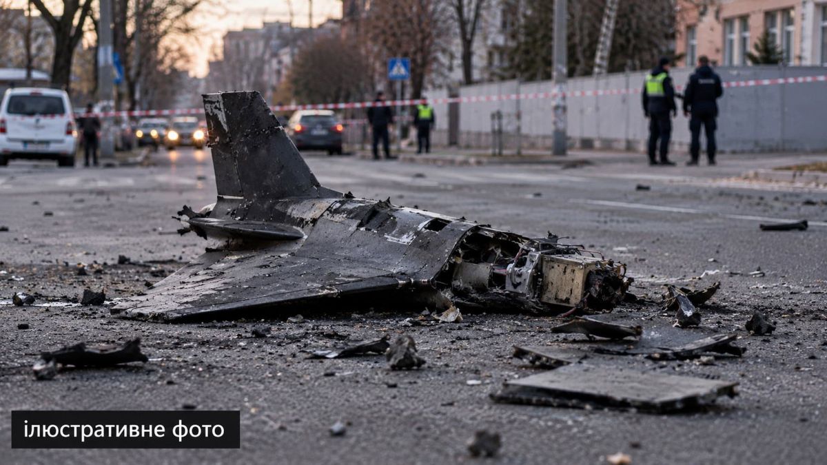 Ілюстративне фото: чорні уламки ударного безпілотника на проїжджій частині міської вулиці, позаду поліцейські й огороджувальна стрічка