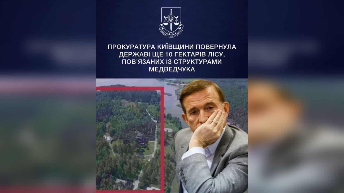 Прокуратура Київщини повернула державі ще 10 га лісу Медведчука Постер Київської обласної прокуратури: повернення 10 гектарів лісогосподарських земель в Обухівському районі, пов'язаних зі структурами Віктора Медведчука