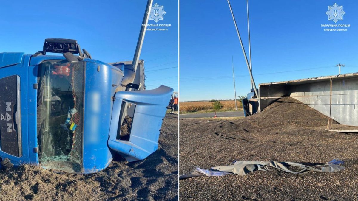 На трасі Київ — Харків вантажівка врізалася в електроопору й перекинулася