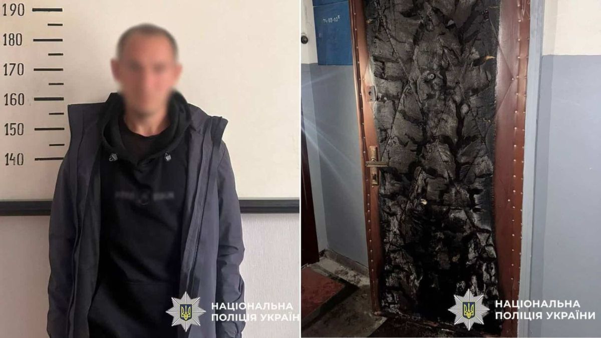 У Києві судитимуть чоловіка, що за «завданням» псевдоправоохоронців підпалив двері пенсіонерки Чоловік із розмитим обличчям на тлі ростоміра; обгорілі чорні вхідні двері квартири