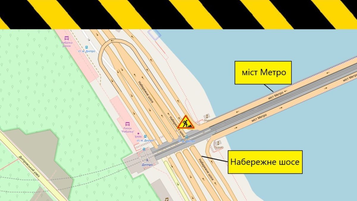 Схема Київавтодору з місцем ремонту колесовідбійної стрічки на заїзді з мосту Метро на Набережне шосе