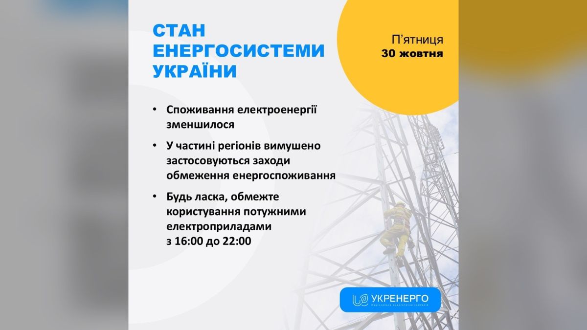 Картка «Укренерго» про стан енергосистеми України 30 жовтня: прохання обмежити потужні електроприлади з 16:00 до 22:00